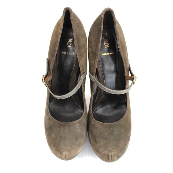 Fendi Olive Suede Croc Platform Pumps Sz 40 Ankle Strap Mary Jane Stiletto Heels - Picture 3 of 14